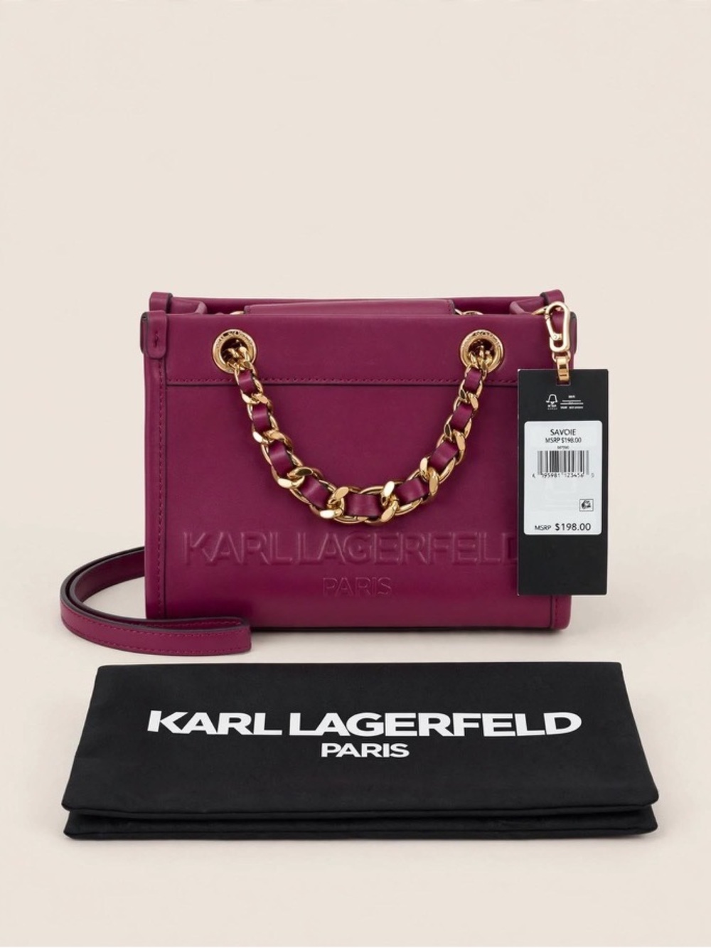 Karl Lagerfeld Fuchsia Leather Crossbody with Gold Chain